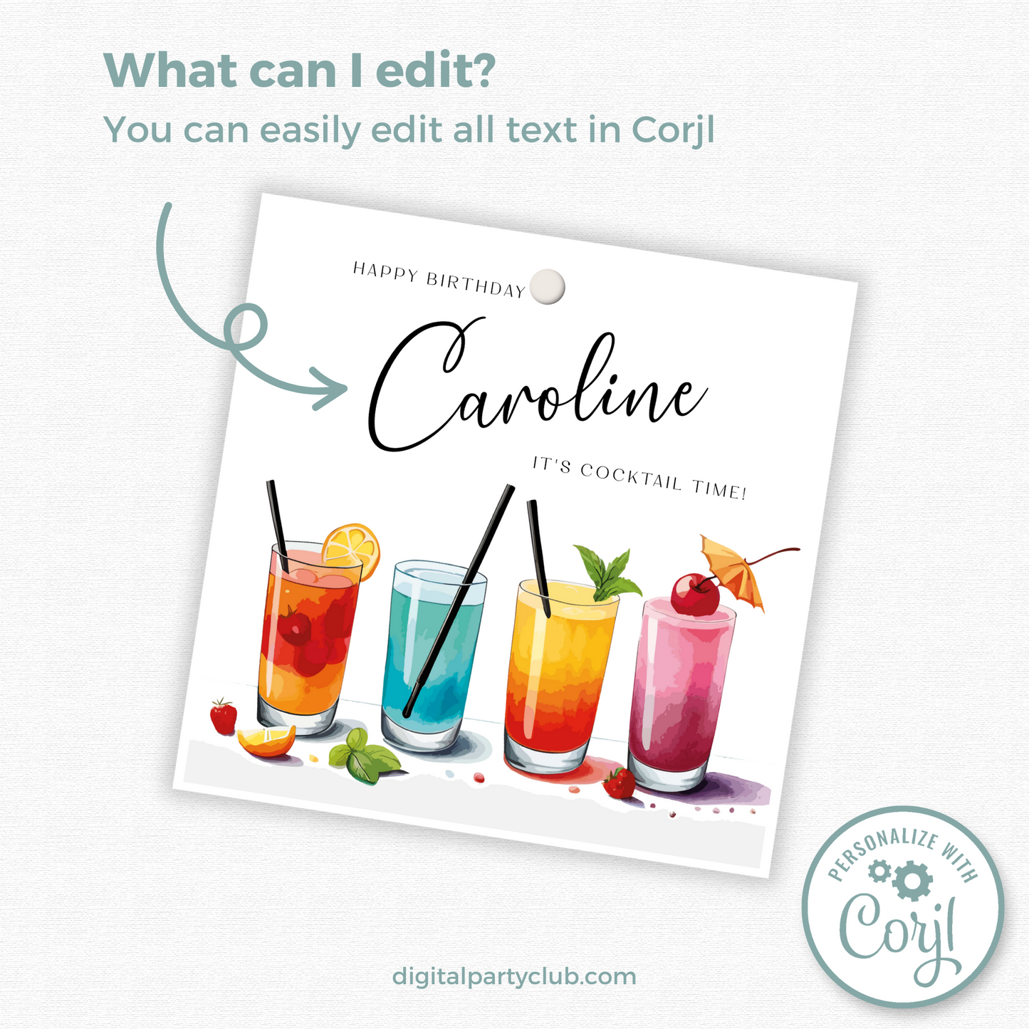 Editable Cocktail Party Birthday Gift Tag