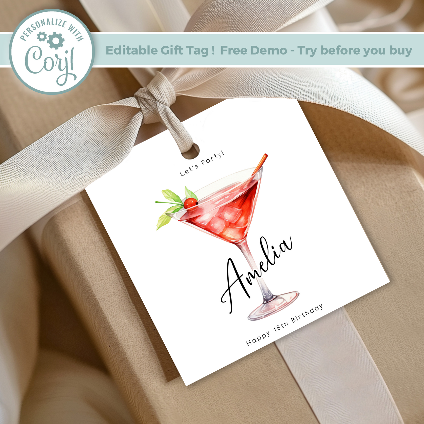 Editable 18th Cocktail Party Birthday Gift Tag