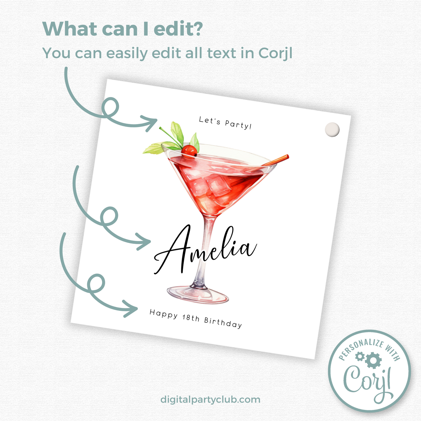 Editable 18th Cocktail Party Birthday Gift Tag