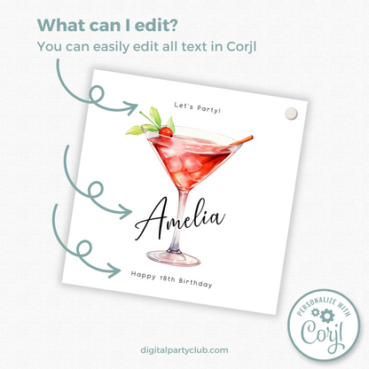 Editable 18th Cocktail Party Birthday Gift Tag