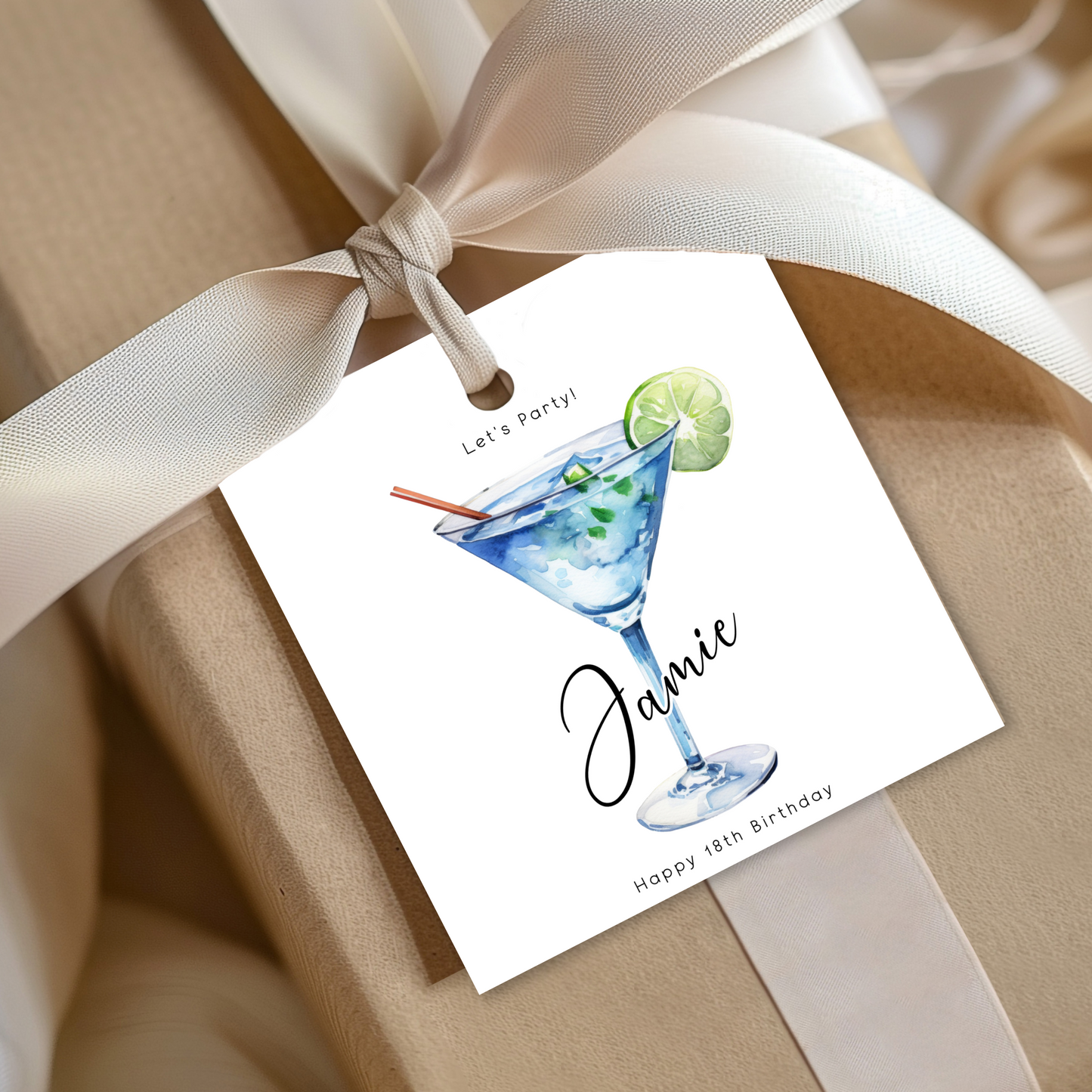 Editable 18th Cocktail Party Birthday Gift Tag