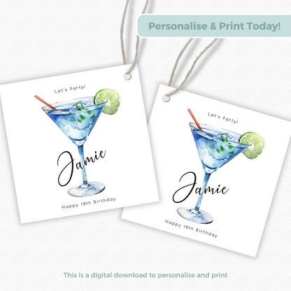 Editable 18th Cocktail Party Birthday Gift Tag