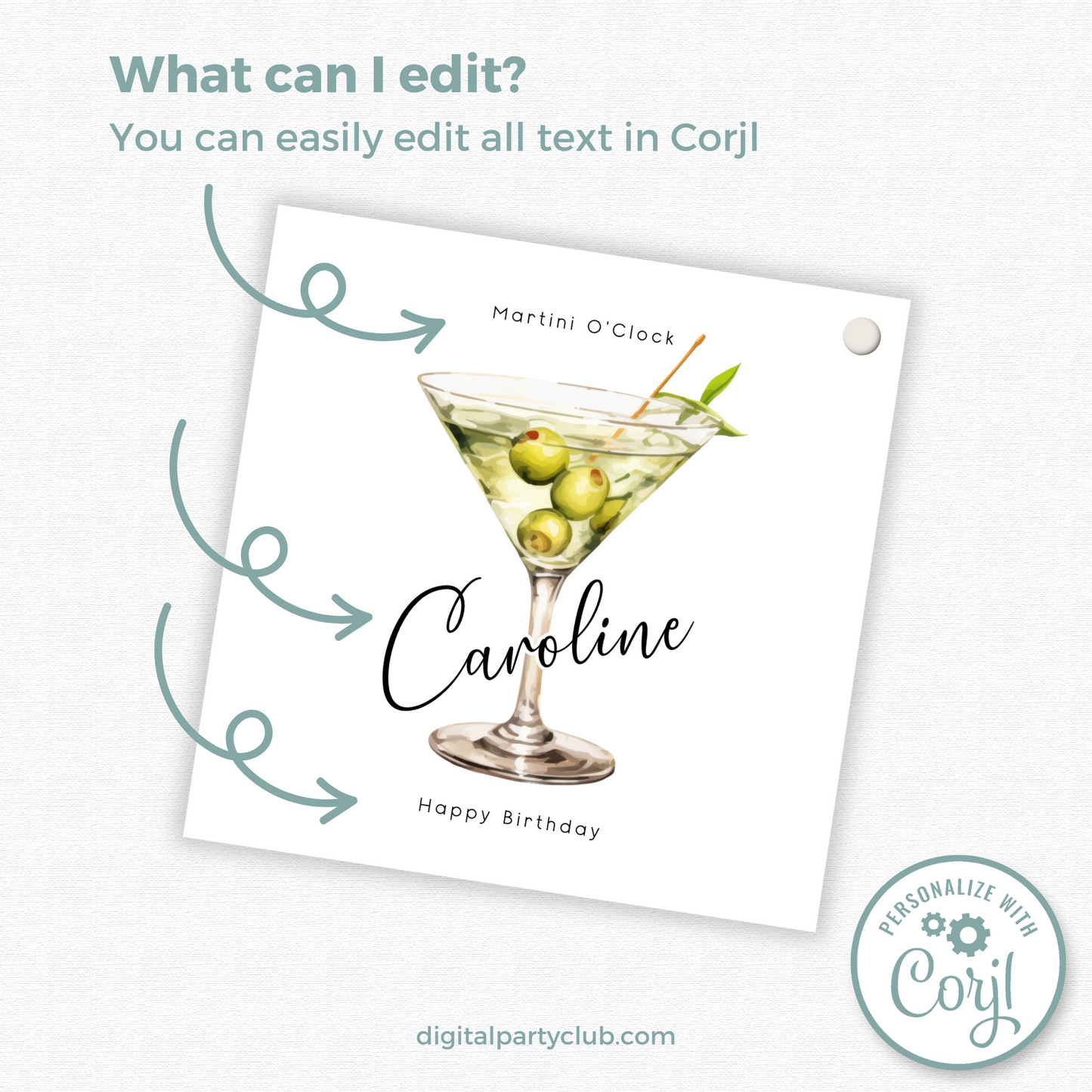 Editable Martini O'Clock Birthday Gift Tag