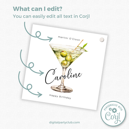 Editable Martini O'Clock Birthday Gift Tag