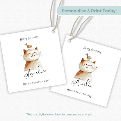 Editable Cat Birthday Gift Tag