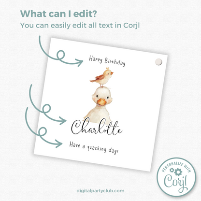Editable Duckling Birthday Gift Tag