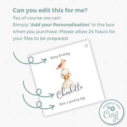 Editable Duckling Birthday Gift Tag