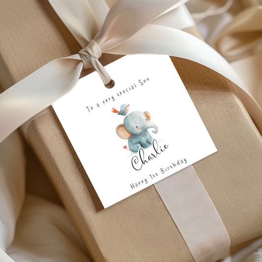 Editable Baby Elephant Birthday Gift Tag