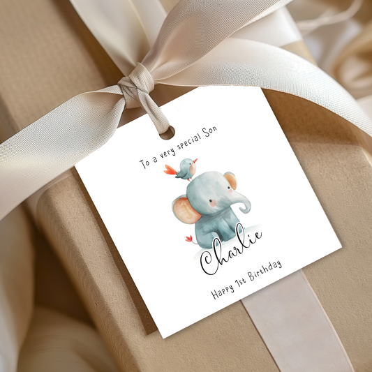 Editable Baby Elephant Birthday Gift Tag