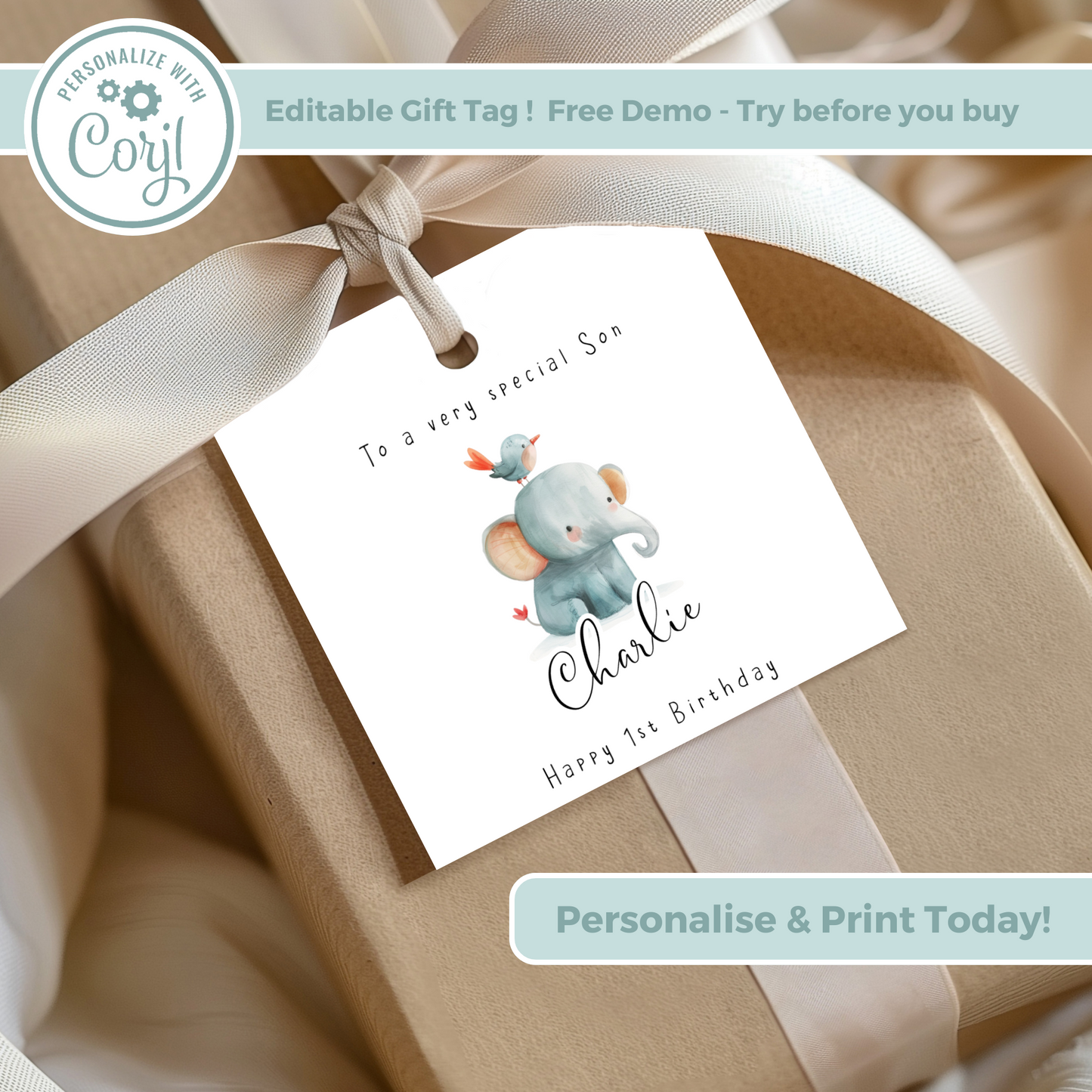 Editable Baby Elephant Birthday Gift Tag