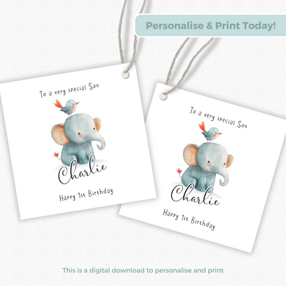 Editable Baby Elephant Birthday Gift Tag