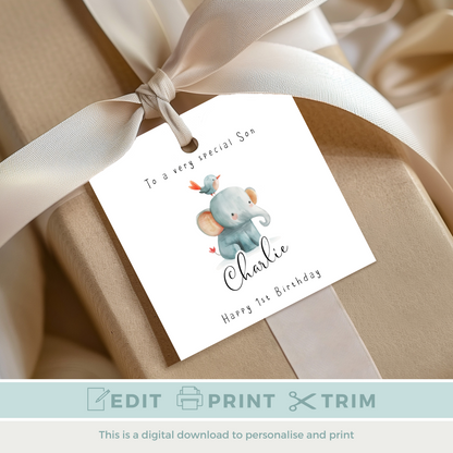 Editable Baby Elephant Birthday Gift Tag