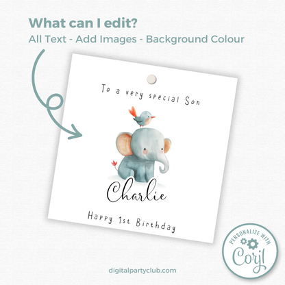Editable Baby Elephant Birthday Gift Tag