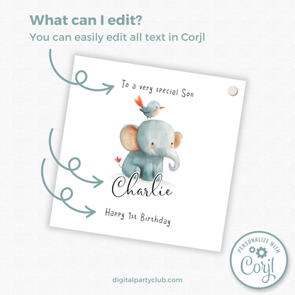 Editable Baby Elephant Birthday Gift Tag
