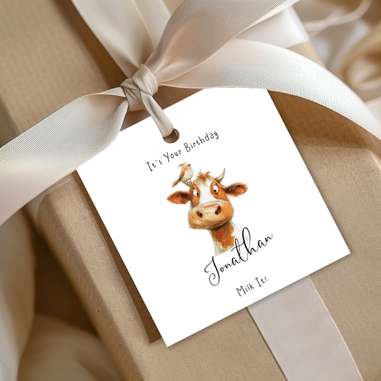 Editable Cow Birthday Gift Tag