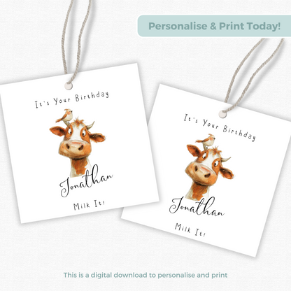 Editable Cow Birthday Gift Tag