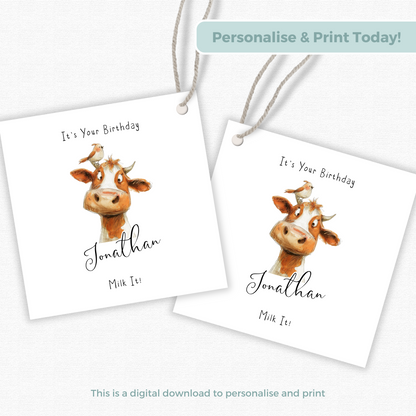Editable Cow Birthday Gift Tag