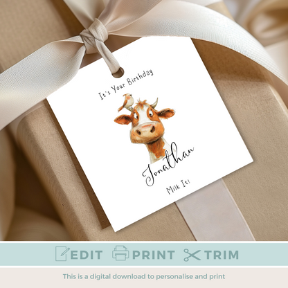 Editable Cow Birthday Gift Tag