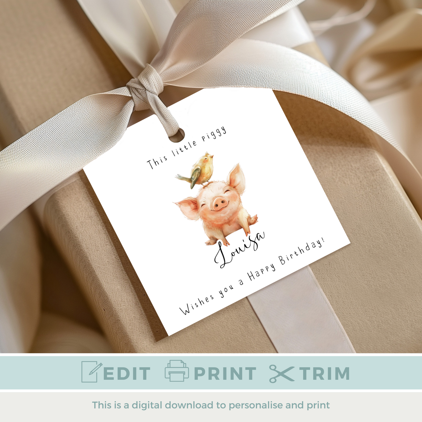 Editable Pig Birthday Gift Tag