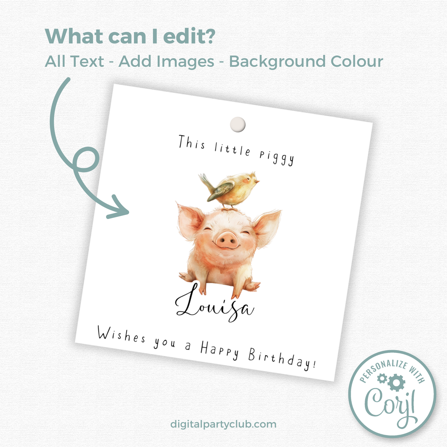 Editable Pig Birthday Gift Tag