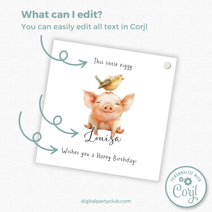 Editable Pig Birthday Gift Tag