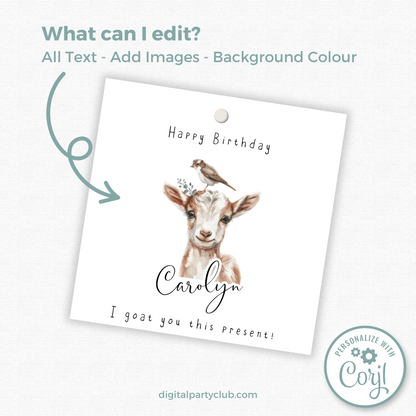 Editable Goat Birthday Gift Tag