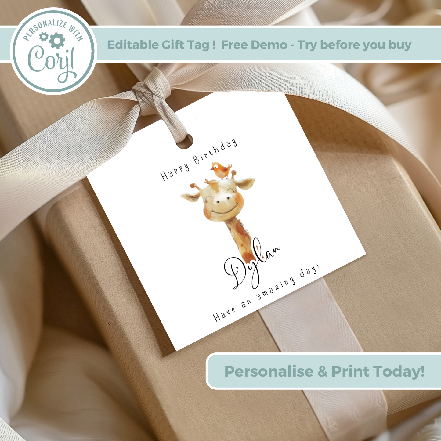 Editable Giraffe Birthday Gift Tag