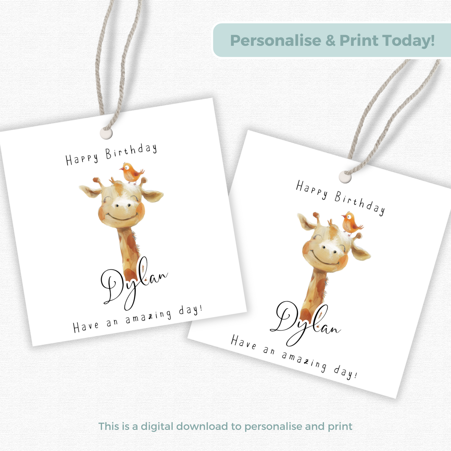 Editable Giraffe Birthday Gift Tag