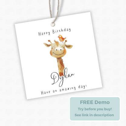 Editable Giraffe Birthday Gift Tag