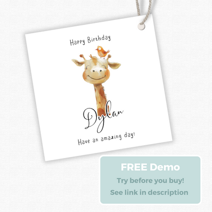 Editable Giraffe Birthday Gift Tag