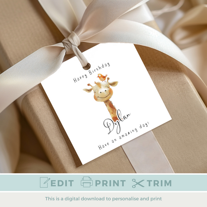 Editable Giraffe Birthday Gift Tag