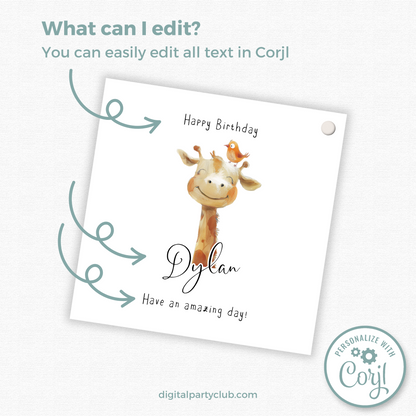 Editable Giraffe Birthday Gift Tag