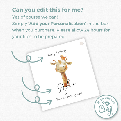 Editable Giraffe Birthday Gift Tag
