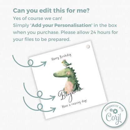 Editable Dinosaur Birthday Gift Tag