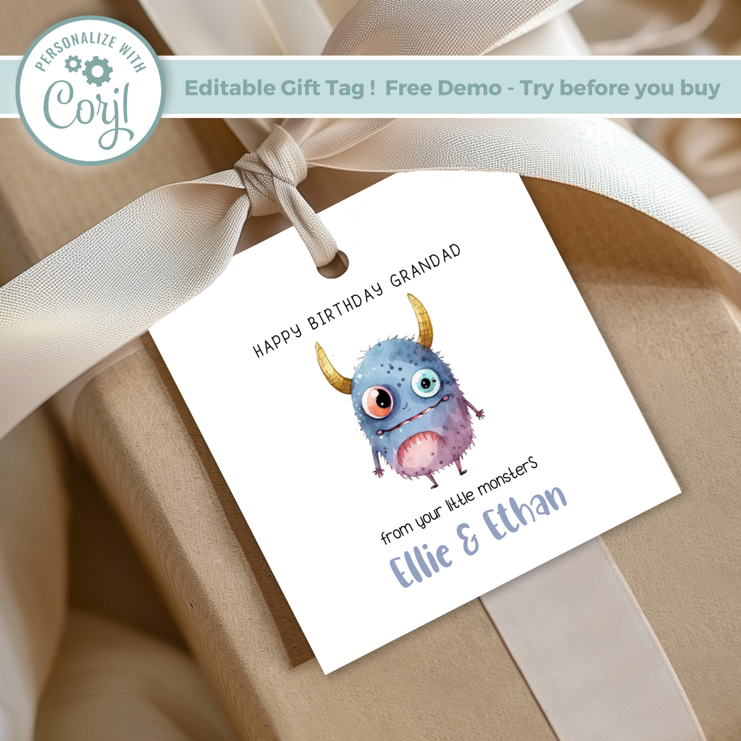 Editable Monster Birthday Gift Tag for Grandad