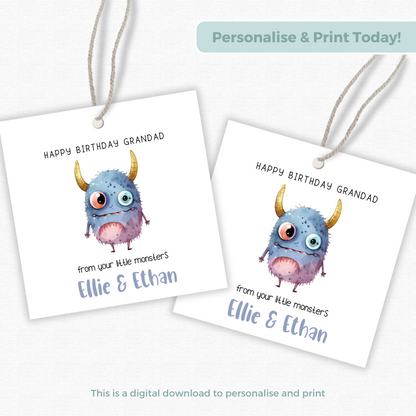 Editable Monster Birthday Gift Tag for Grandad