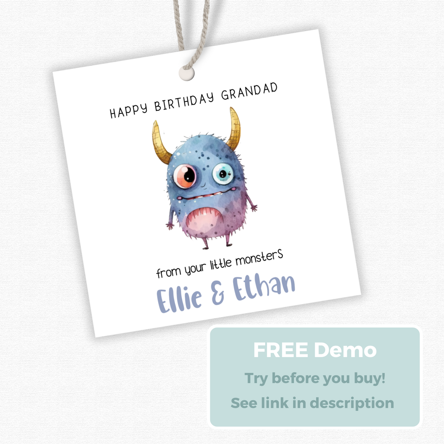 Editable Monster Birthday Gift Tag for Grandad