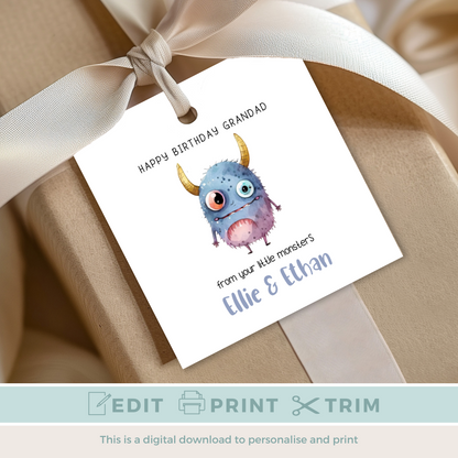 Editable Monster Birthday Gift Tag for Grandad