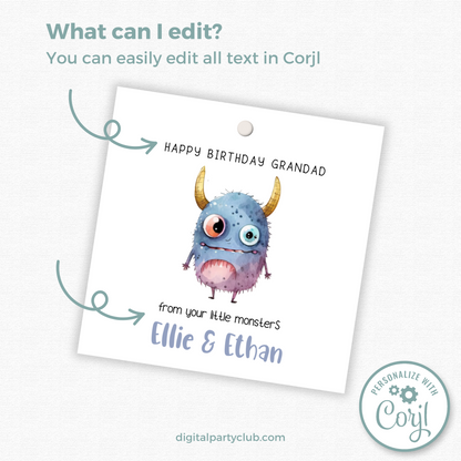 Editable Monster Birthday Gift Tag for Grandad