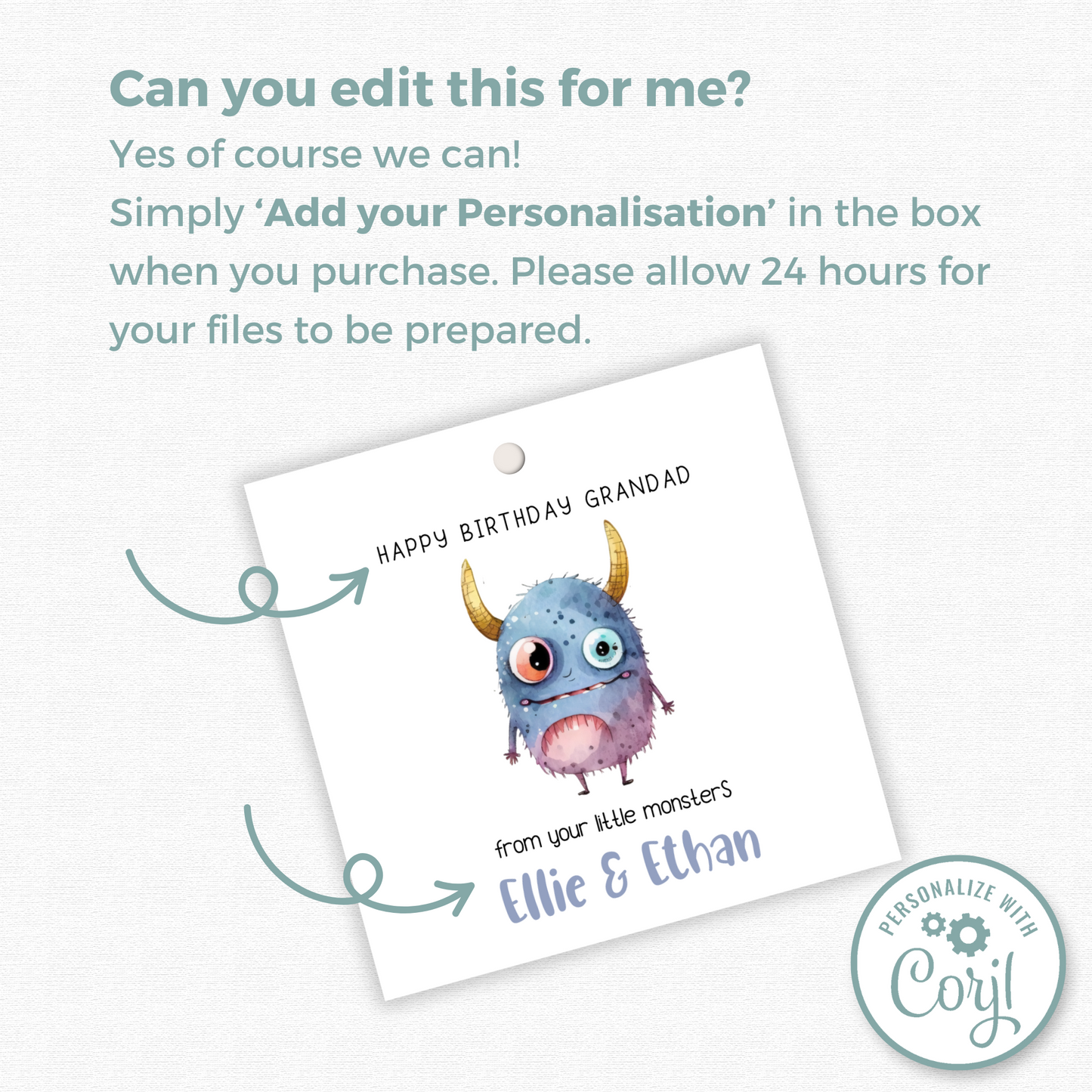 Editable Monster Birthday Gift Tag for Grandad