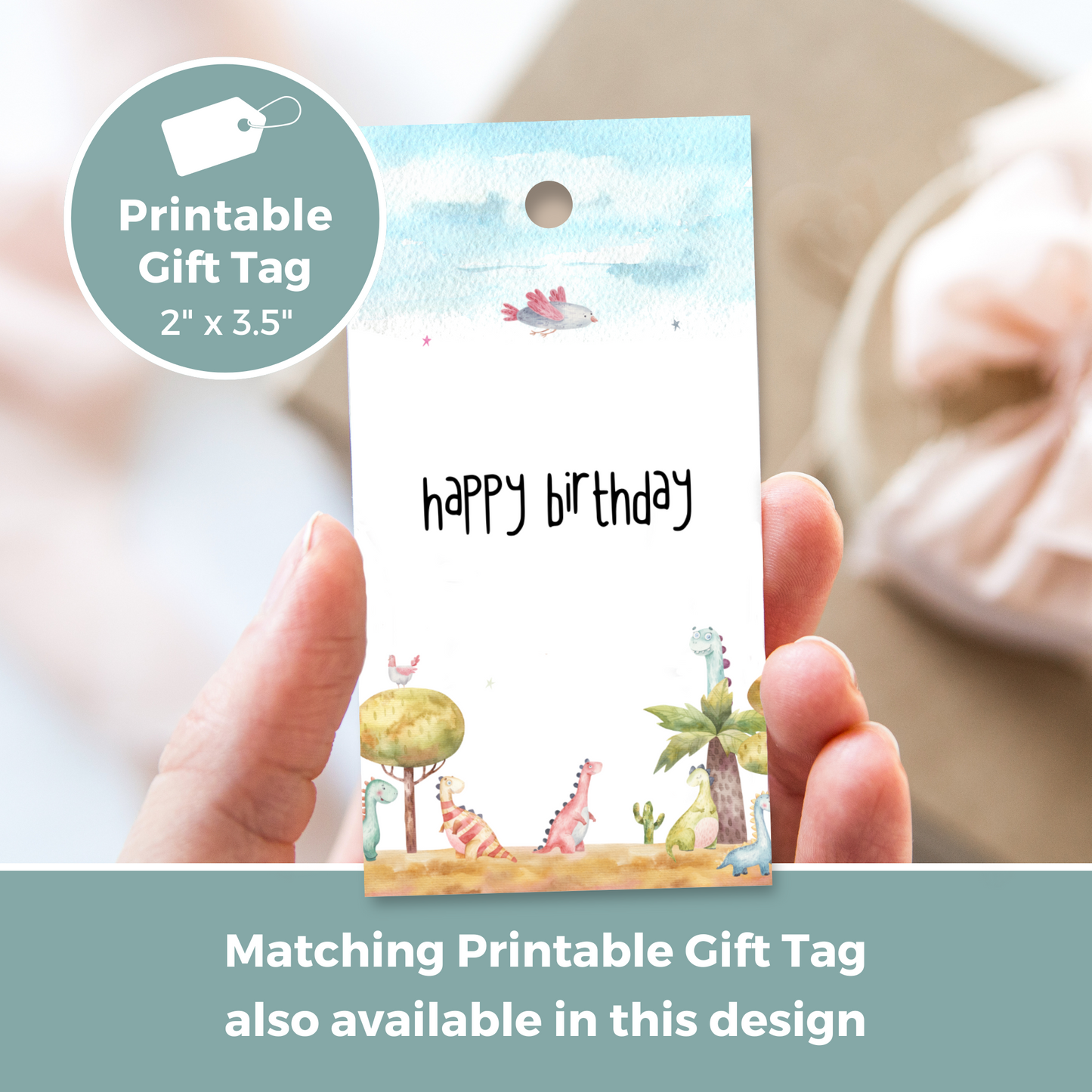 Printable Birthday Card - Watercolour Dinosaur