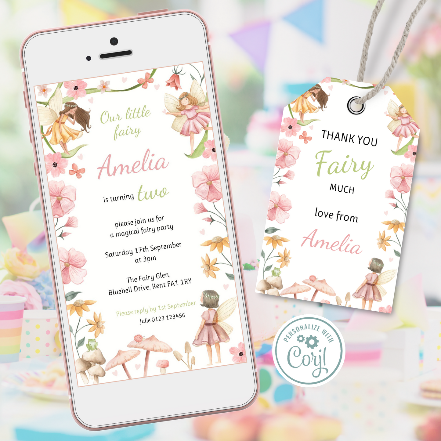 Editable Phone Birthday Invitation and FREE Thank You Tag - Fairy