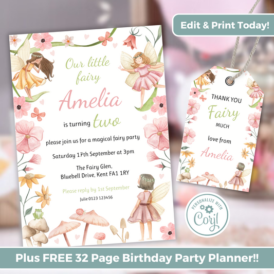 Editable Birthday Invitation and FREE Thank You Tag - Fairy