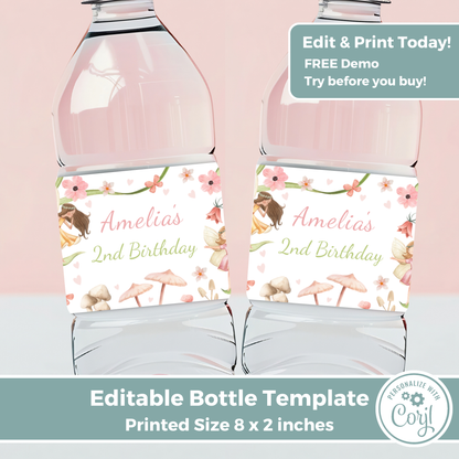 Editable Birthday Water Bottle Label - Fairy