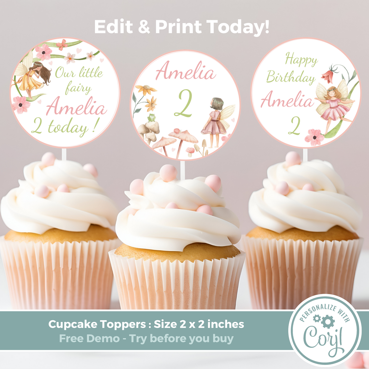 Editable Birthday Cupcake Toppers - Fairy