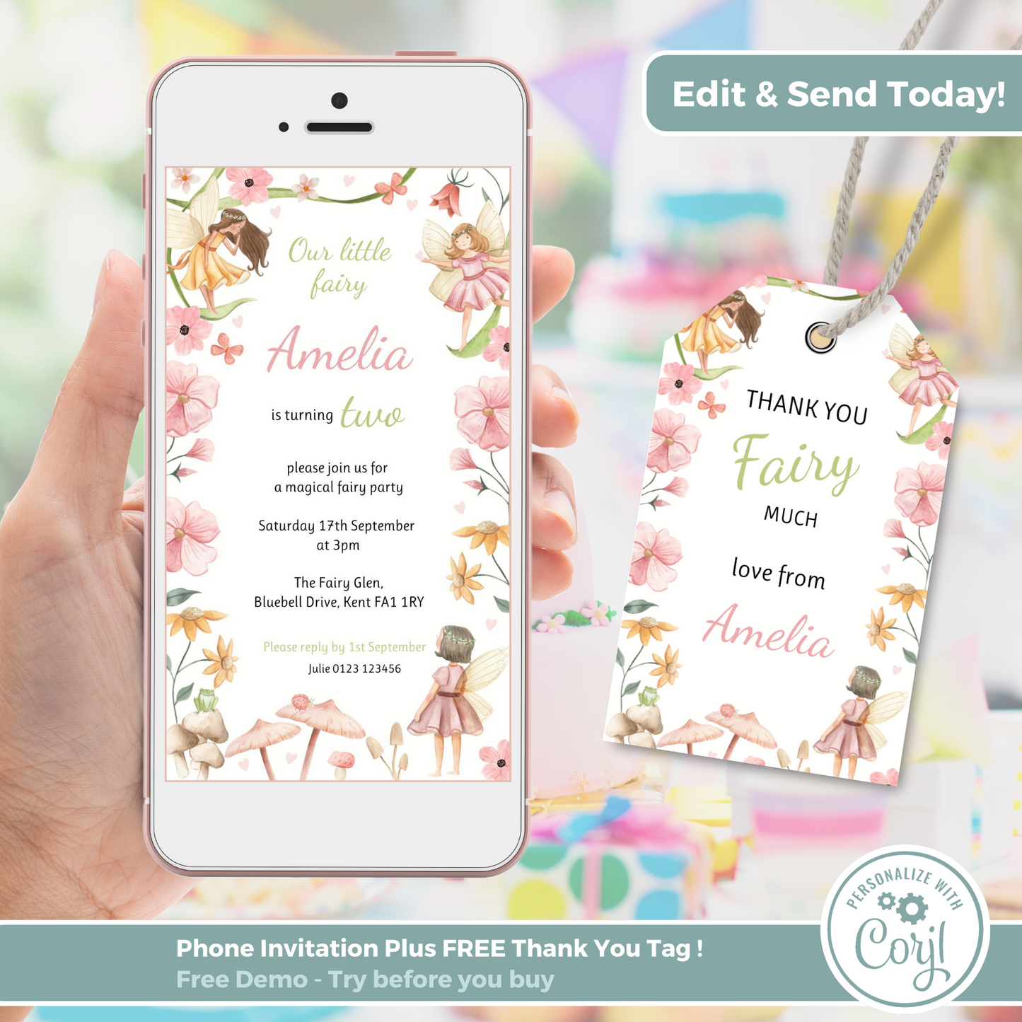 Editable Phone Birthday Invitation and FREE Thank You Tag - Fairy