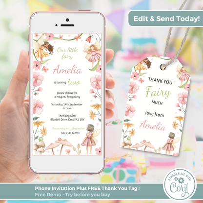 Editable Phone Birthday Invitation and FREE Thank You Tag - Fairy