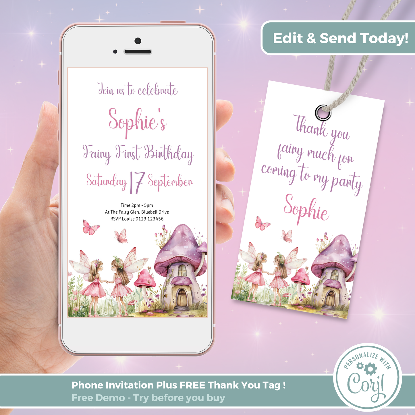 Editable Evite Birthday Invitation and FREE Thank You Tag - Fairy First