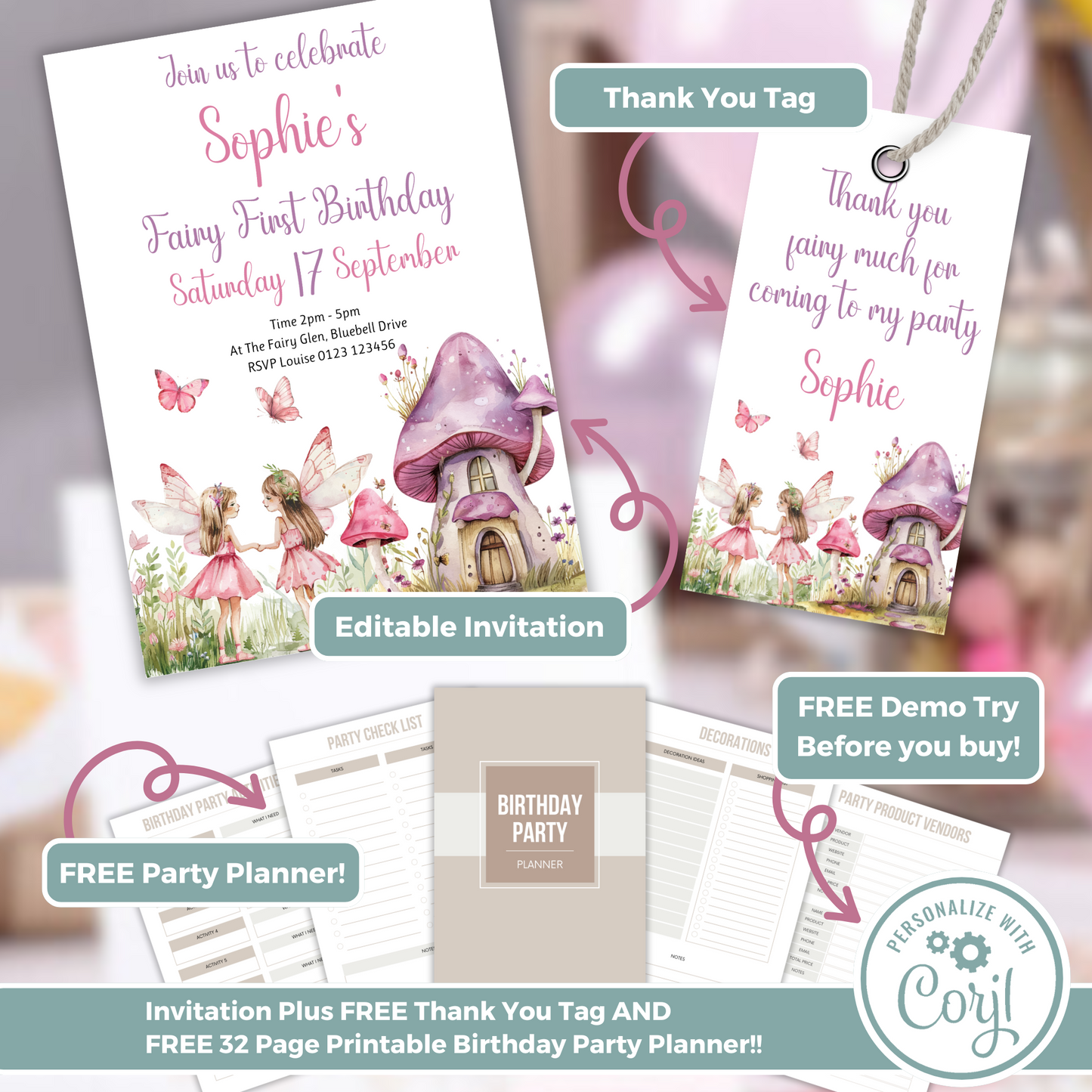 Editable Birthday Invitation and FREE Thank You Tag - Fairy First Birthday