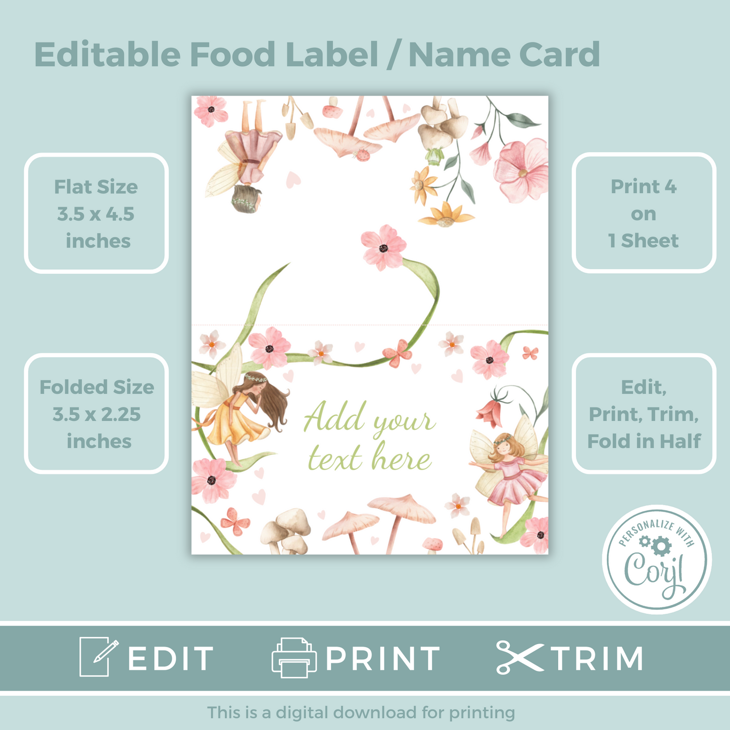 Editable Birthday Food Label / Name Card - Fairy